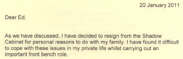 Alan Johnson's resignation letter