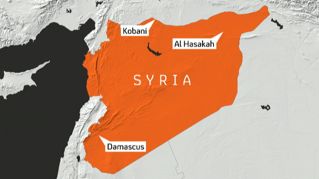 Syria map showing Kobani and al-Hasakah