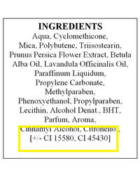Typical list of ingredients in cosmetics