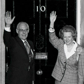 Margaret and Denis Thatcher after her election victory 1987 (Reuters)
