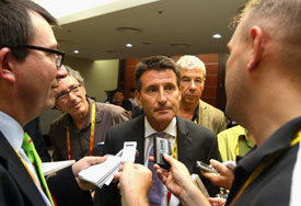 Lord Sebastian Coe answers questions on the failure of the electronic voting system from media at the IAAF World Athletics Championships Congress on August 24, 2011 in Daegu, South Korea