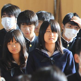 Haramachi High School's Students in Minamisoma, Fukushima go to their own school for the first time since the quake and tsunami occurred (Getty)