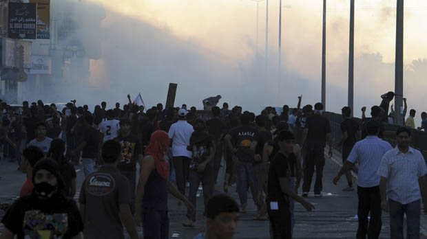 Protesters at the funeral of a 16 year old boy killed in Sitra on Friday (Friday)