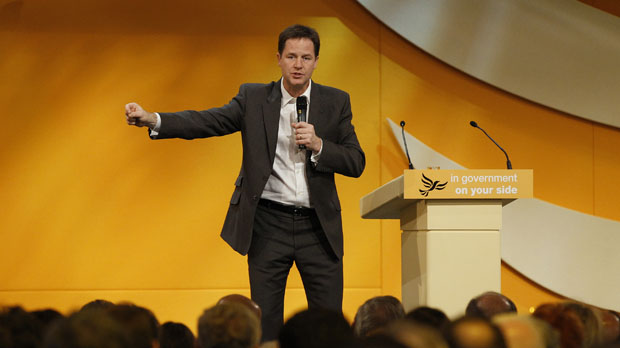Nick Clegg addressing the party's conference in Birmingham (Reuters)