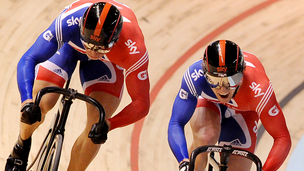 Jason Kenny of Britain (R) leads compatriot Chris Hoy (L) in the men's sprint event at the 2012 Track Cycling World Championships in Melbourne, on April 7, 2012 (Getty)