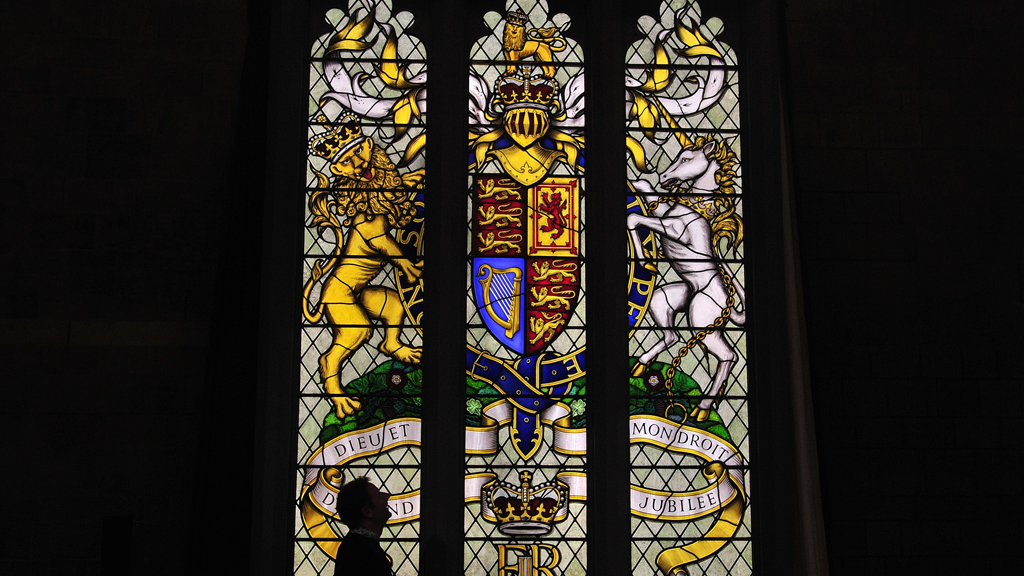 Photos of the Queen's stained glass window presented by MPs on her diamond jubilee.