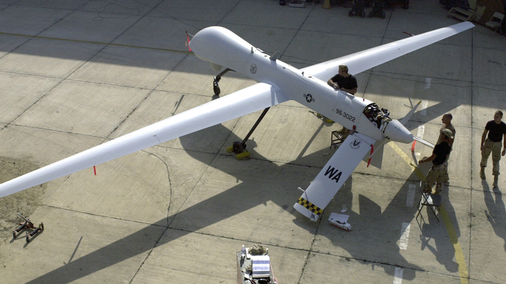 A US drone is prepared for flight on a runway. (Reuters) 