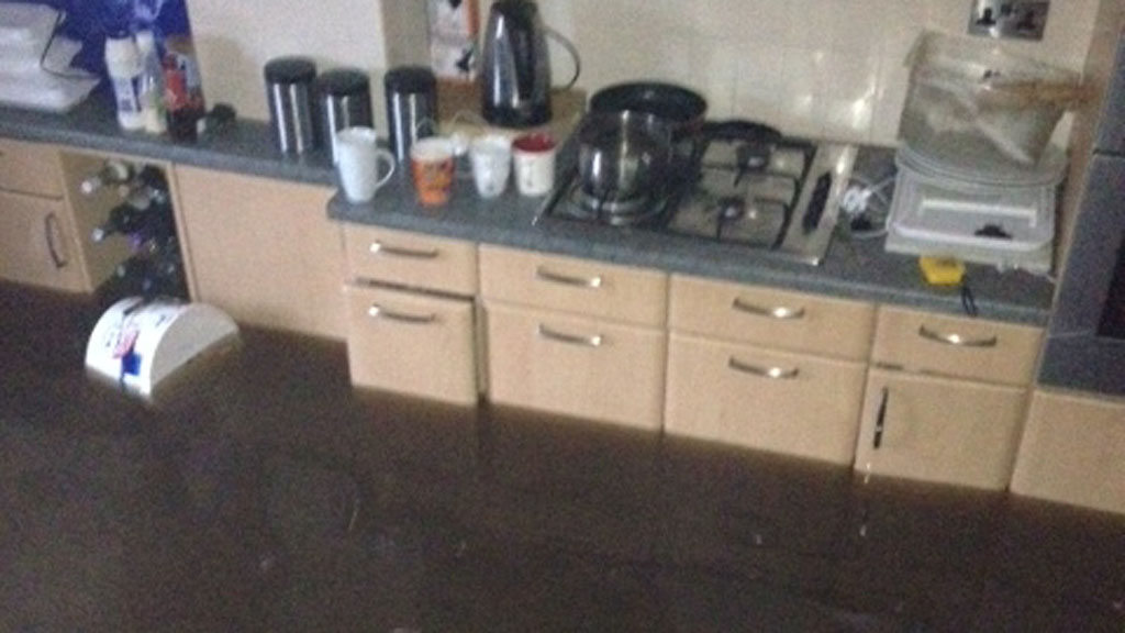 Karen Metcalfe's kitchen during flooding (Channel 4 News)
