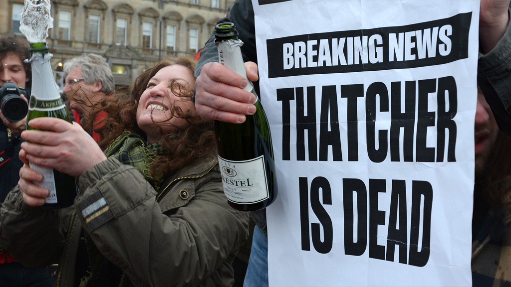 Hundreds of people celebrated yesterday following the death of Margaret Thatcher (pictures: Getty)