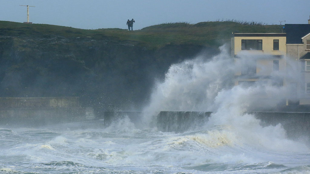 Waves crash against Portstewart Harbour as gale force winds hit the the north Antrim coast in northern Ireland (R)