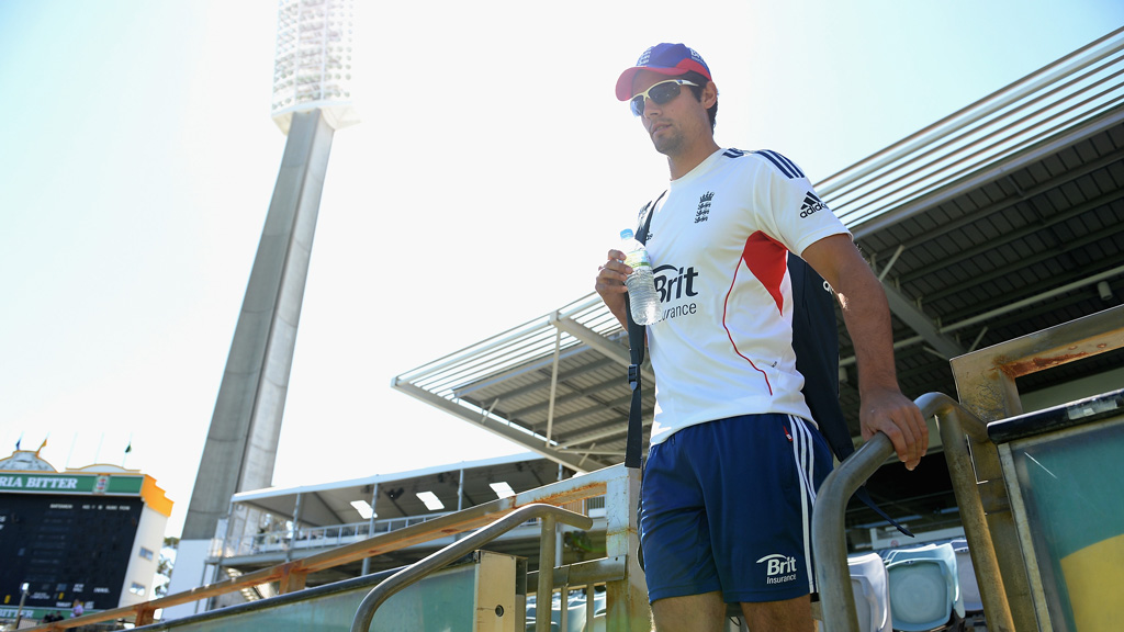 England captain Alastair Cook walks into the Waca stadium for a net session (Getty)