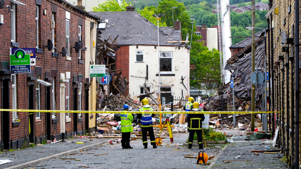 The explosion at Buckley Street, Shaw, which destroyed three properties (picture: Getty)