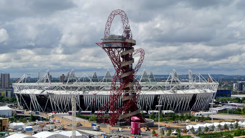 The ArcelorMittal Orbit sculpture, designed by Anish Kapoor, standing in front of the Olympic Stadium in the Olympic Park in London. (Getty)
