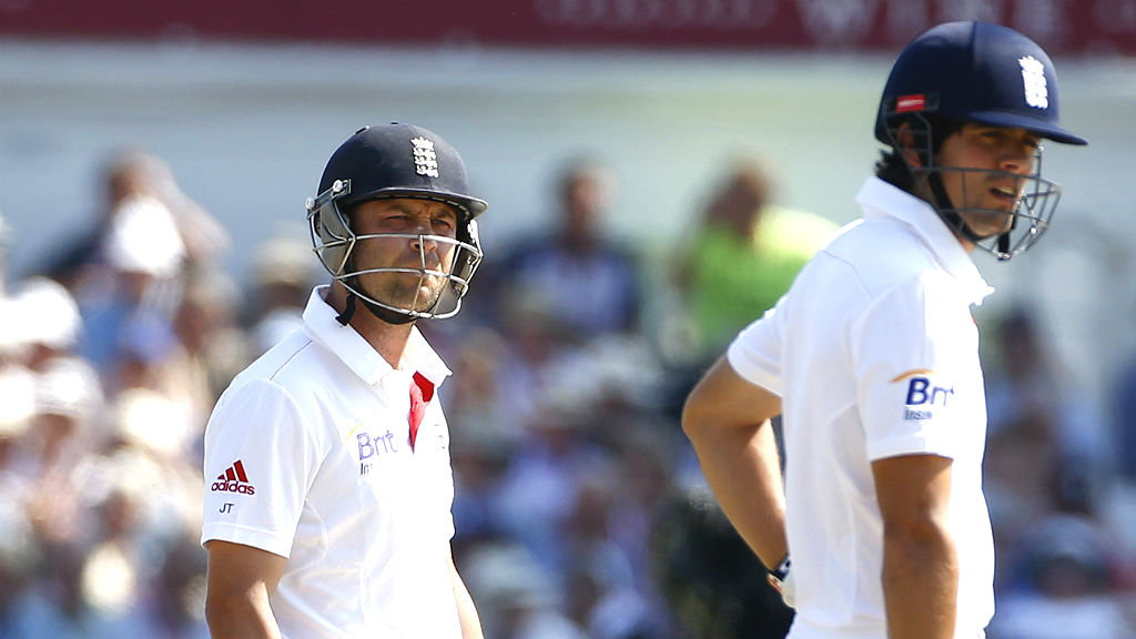 Jonathan Trott awaits a review of his dismissal with teammate Alastair Cook (Reuters)
