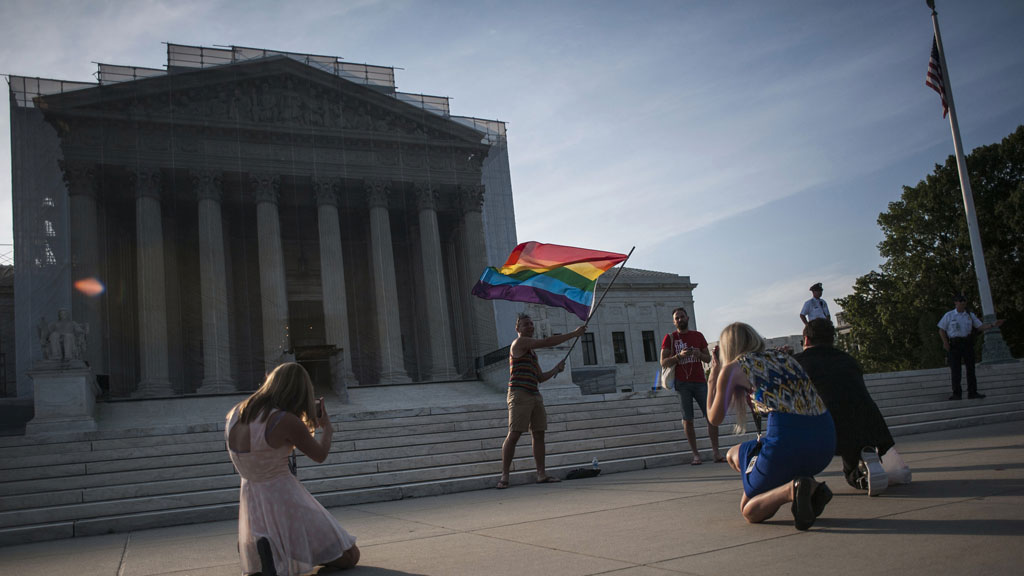 Gay rights flag outside supreme court (reuters)