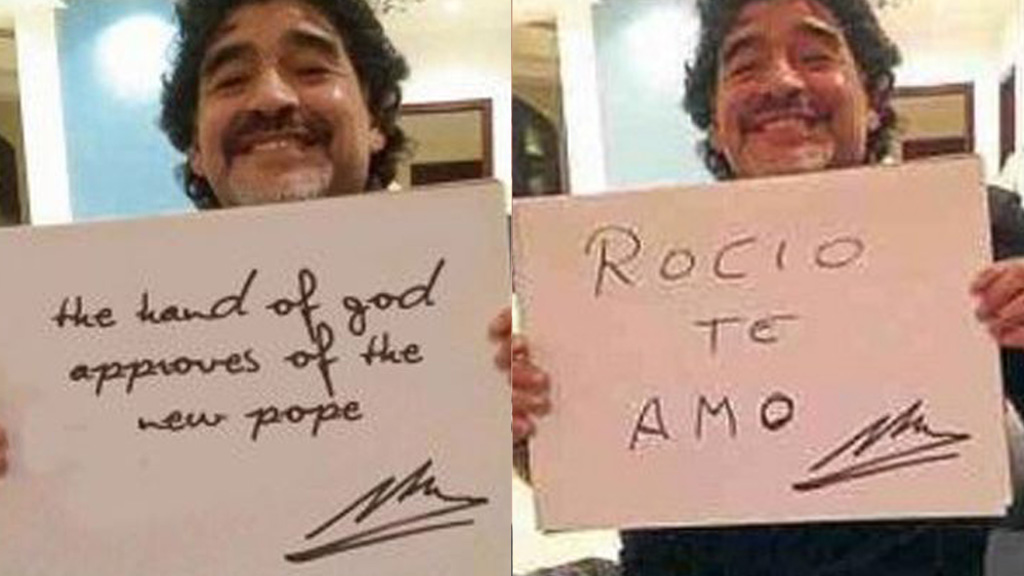 A fake image of Diego Maradona which did the rounds on Twitter, plus the real image it was taken from. 