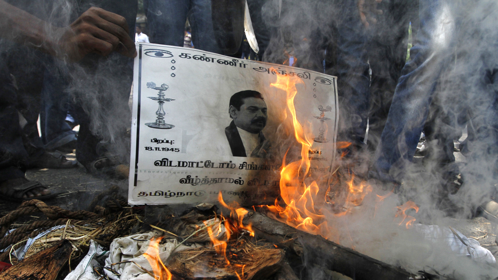Protesters set fire to image of the Sri Lankan president.