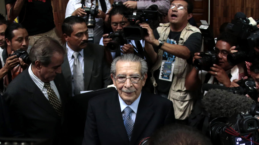 Guatemala's former military leader Efrain Rios Montt stands trial (R)