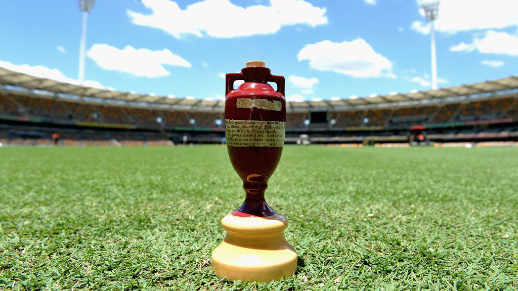 Ashes: A replica urn sits on the outfield of The Gabba in Brisbane (G)