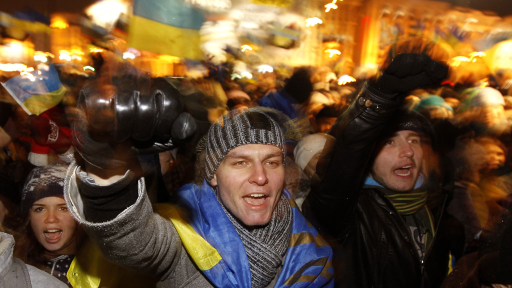 Protesters in the Ukraine chant slogans during a demonstration in support of the EU integration at Independence Square in Kiev in November (G/R) 