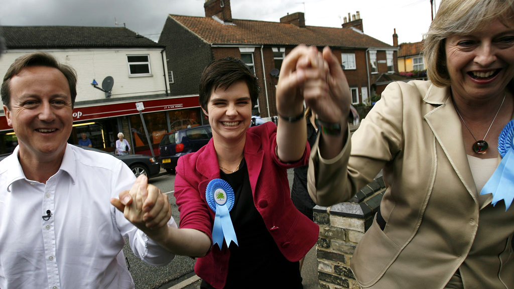 Chloe Smith with David Cameron and Theresa May after her 2009 Norwich by-election win.
