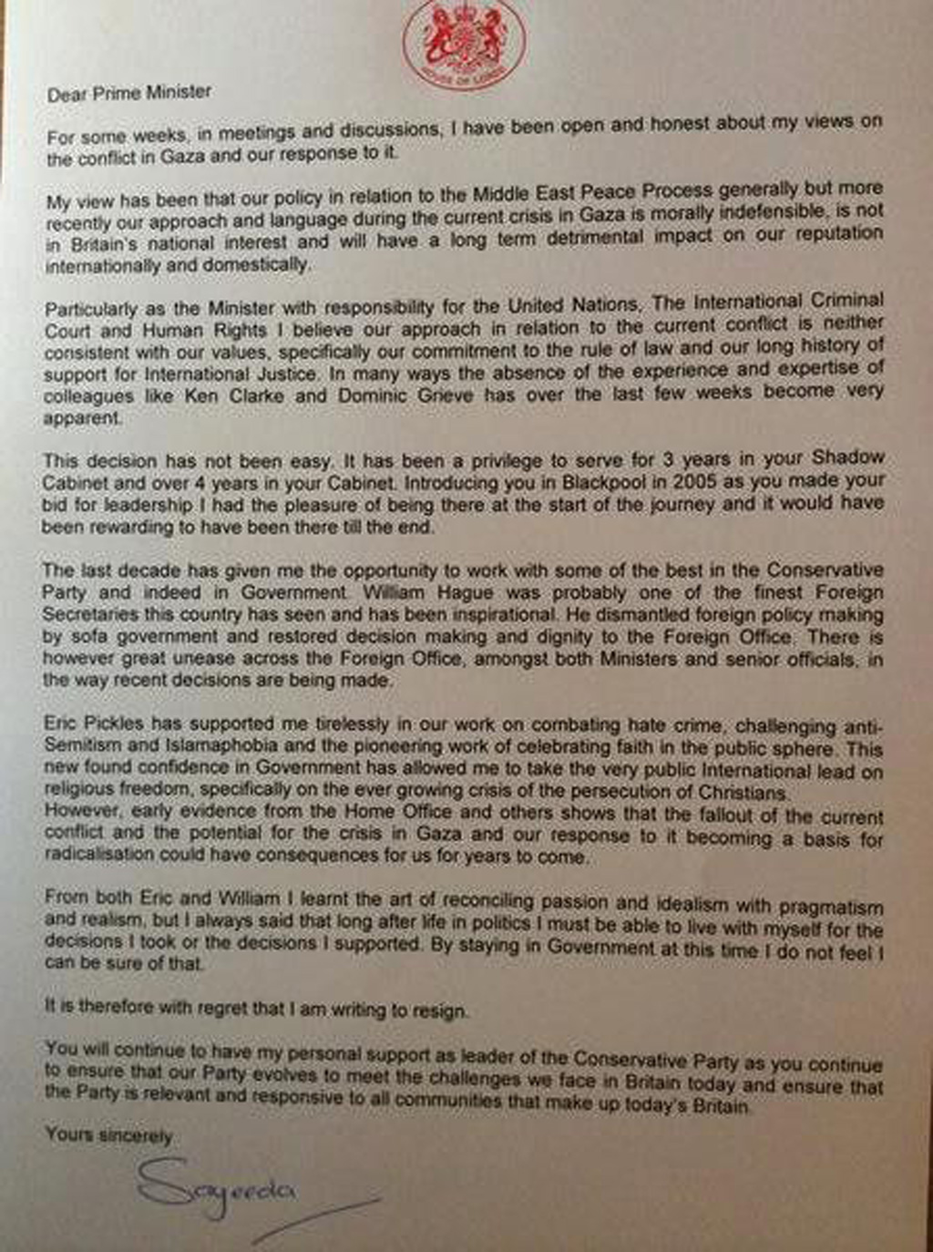 Baroness Sayeeda Warsi's resignation letter (WARSI TWITTER)