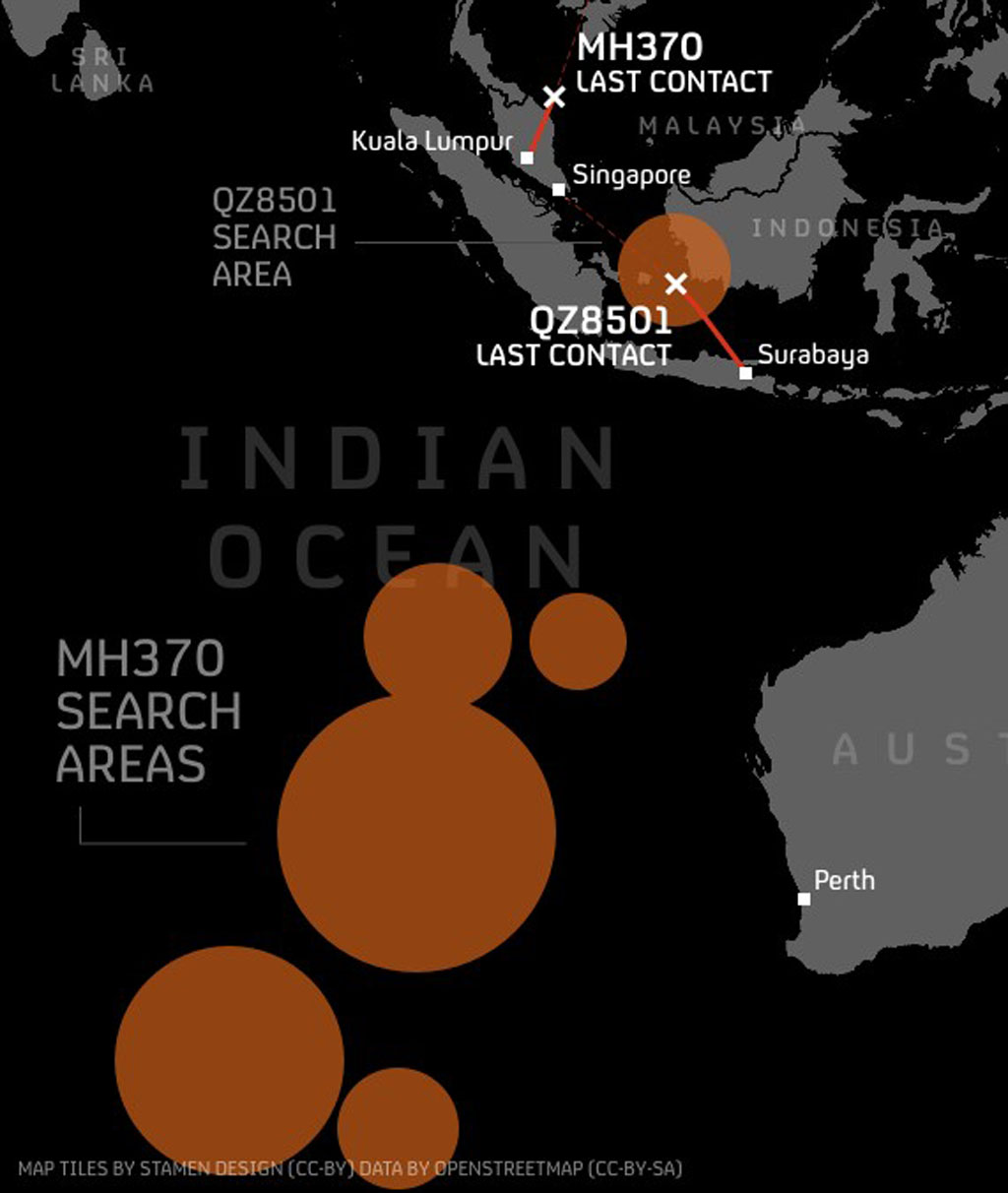 MH370 and QZ8501: flight routes and search zones