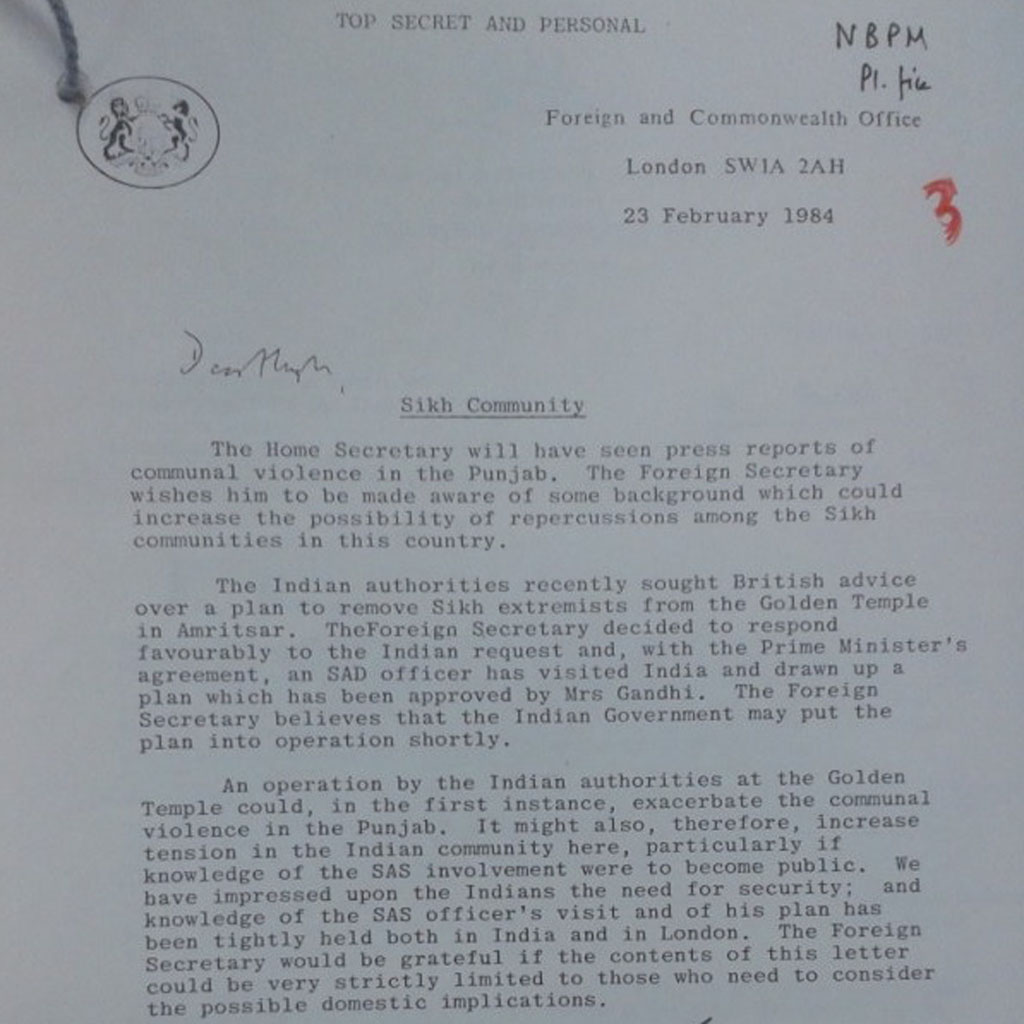 Letter purportedly outlining British role in Operation Blue Star (Stop Deportations)