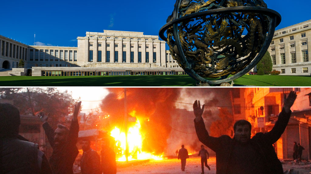 Palais des Nations, Geneva (top) and Syria following an alleged barrel bomb attack (bottom) - pictures, Reuters and Getty