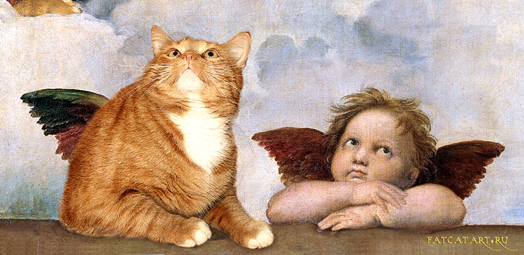 Zarathustra poses with an chubby angel at the bottom of Raphael's Sistine Madonna, from the Sistine Chapel