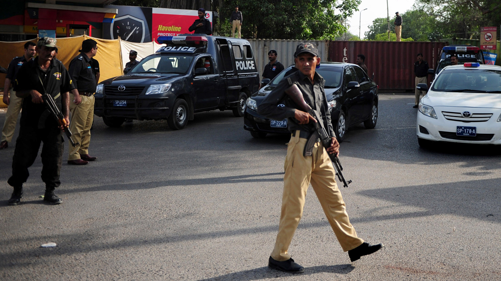 Police outside British consulate in Karachi on Tuesday (picture: Getty)
