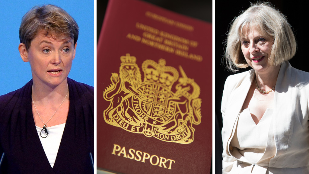 Left to right: Yvette Cooper, UK passport, Theresa May