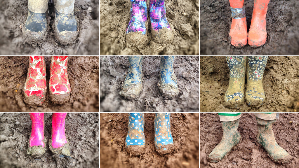 Glastonbury wellies in the mud