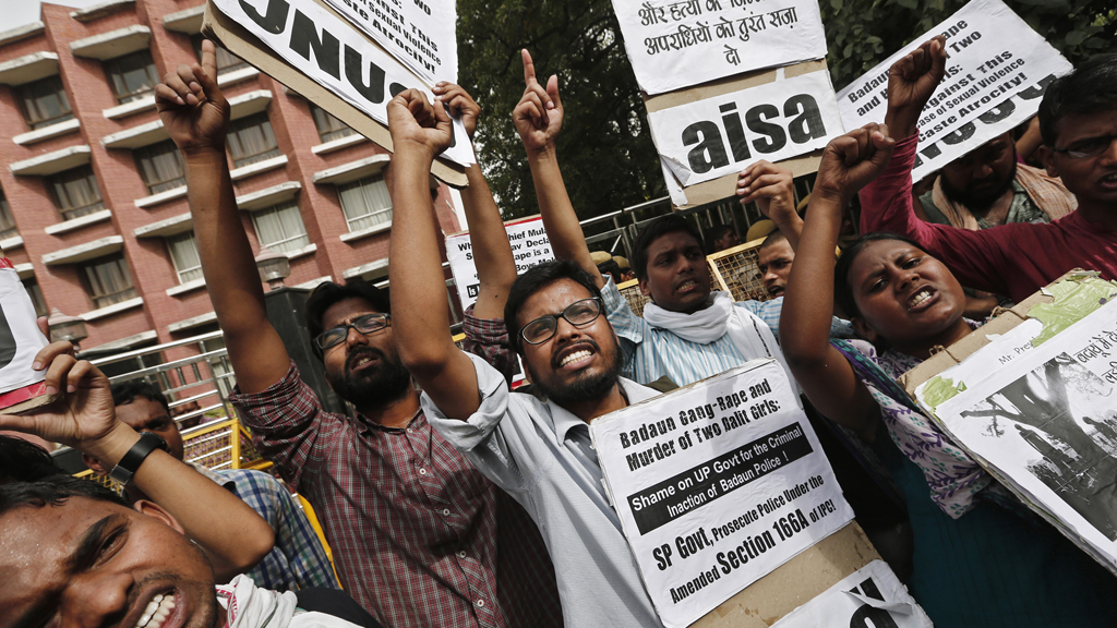Students in New Delhi protest the rape and murder of two Dalit girls