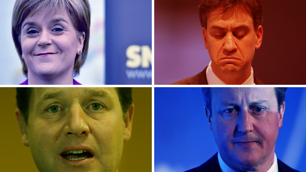 Clockwise from top left: Nicola Sturgeon, Ed Miliband, David Cameron and Nick Clegg