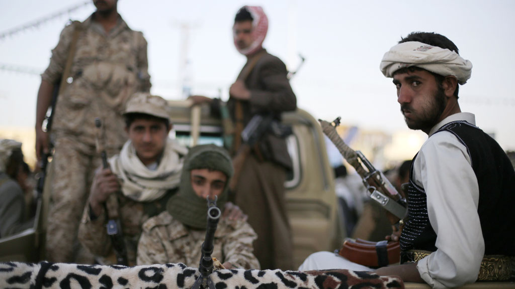 Houthi fighters on patrol in Sana'a, Yemen