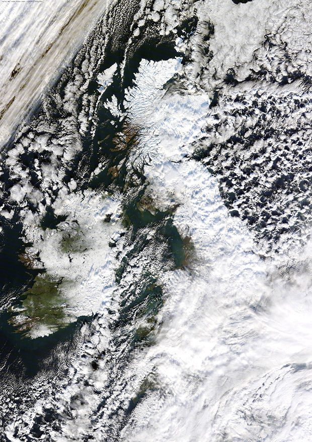 Amazing satellite photo of the country beneath a blanket of snow, as taken this morning by the NASA satellite 'Terra'. Courtesy of NEODAAS/University of Dundee.