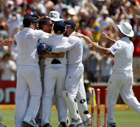 England celebrate another Australian wicket at Adelaide (Reuters)