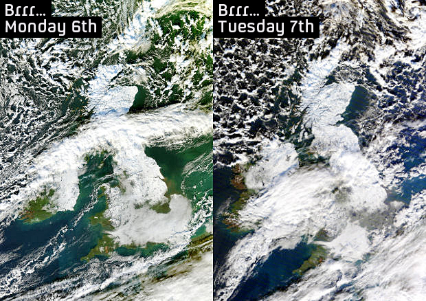 Two satellite images, courtesy of NEODAAS / University of Dundee, showing the spread of snow from 6 Dec (left) to 7 Dec (right). 