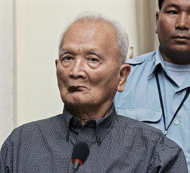 Nuon Chea, Pol Pot's right hand man of the Khmer Rouge regime, sits in the dock during his first public appearance at ECCC in Phnom Penh 4 Feb 2008
