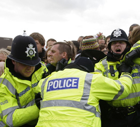 Police clash with demonstrators at Ratcliffe Power Station at Ratcliffe-on-Soar