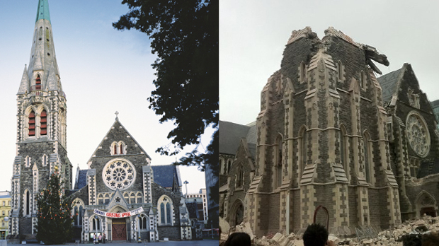 Christchurch Cathedral before (Senaz via Twitter) and after earthquake (Getty)