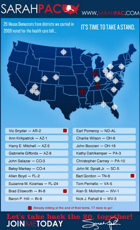 A map from Alaska Governor Sarah Palin's Facebook page in which she urges supporters to hold to account members of Congress who voted for President Obama's healthcare reforms