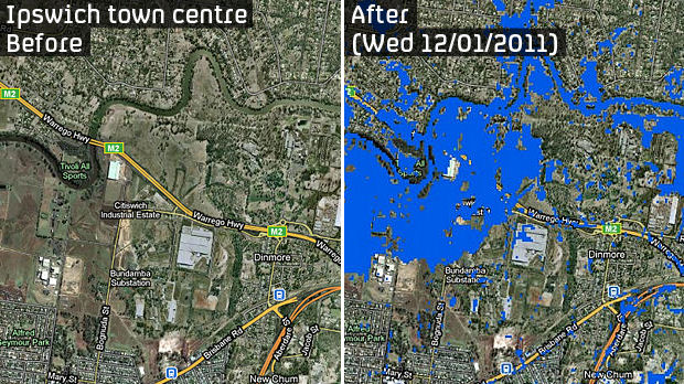 Australia floods - Ipswich before and after. Images courtesy of Google Maps 