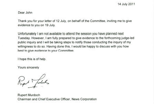 Rupert Murdoch's letter to John Whittingdale.