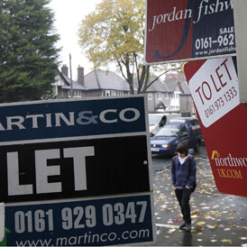 Estate agents' boards in Manchester as rents continue their rise upwards. Reduced mortgage lending and limited availability of homes have been blamed (Reuters)