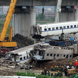 Train wreckage after the Zhejiang Province train crash (Getty)