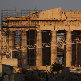 Greek debt crisis: scaffolding surrounds the Acropolis.