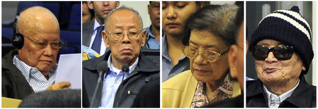 L-R: War crimes defendants former President Khieu Samphan, ex-Foreign Minister Ieng Sary, former Social Affairs Minister Ieng Thirith and 