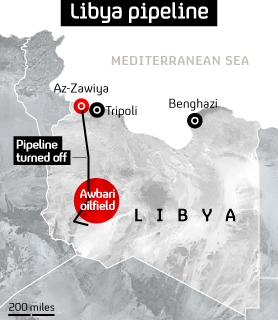 Libya graphic showing Az-Zawiya, Tripoli and the Awbari oilfield